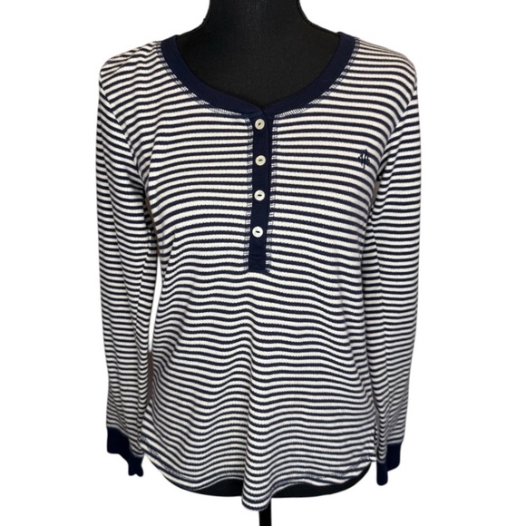 Tommy Hilfiger Tops - Tommy Hilfiger Navy & White Striped Waffle Knit Long Sleeve Henley Top Size S